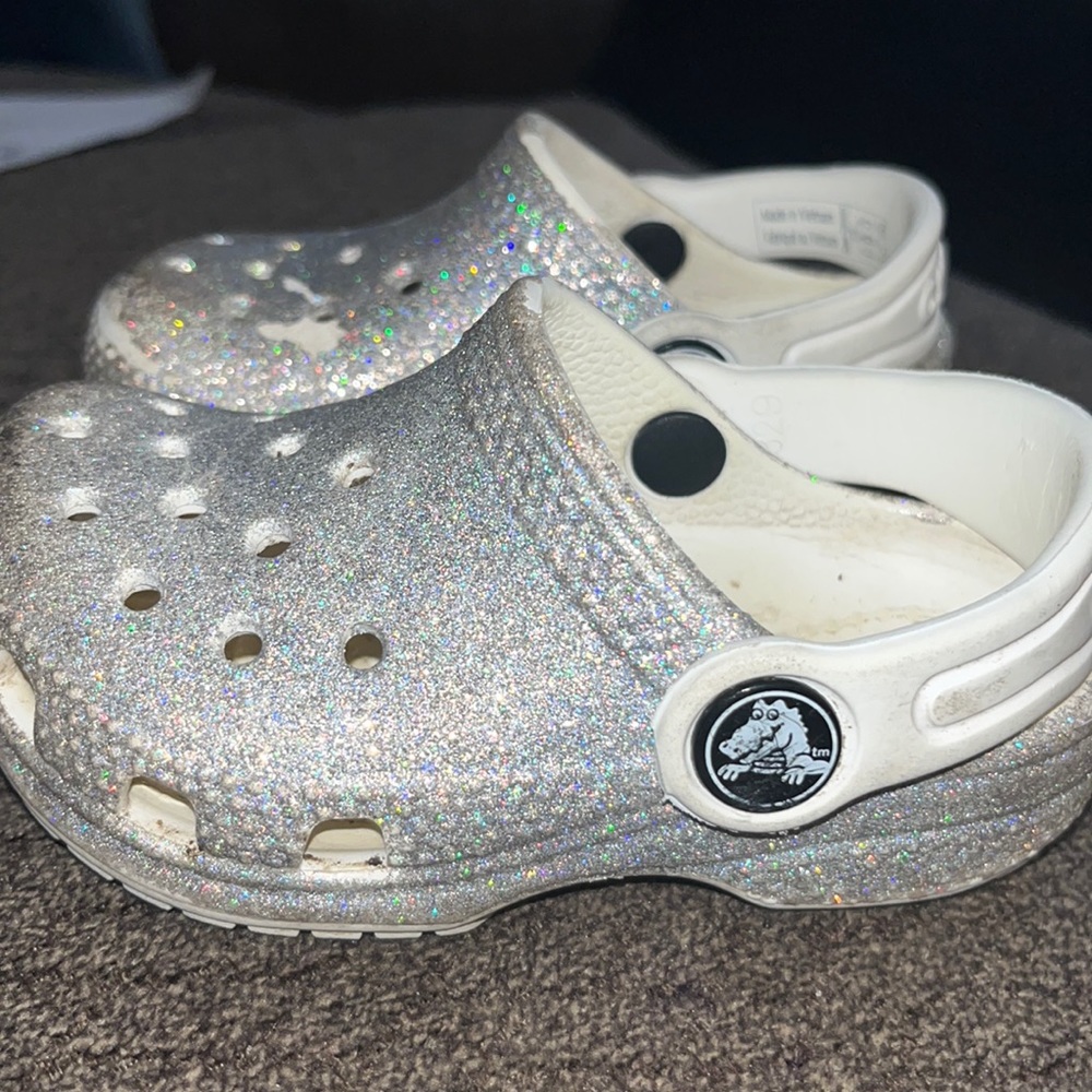 Sliver sparkle crocs size 5